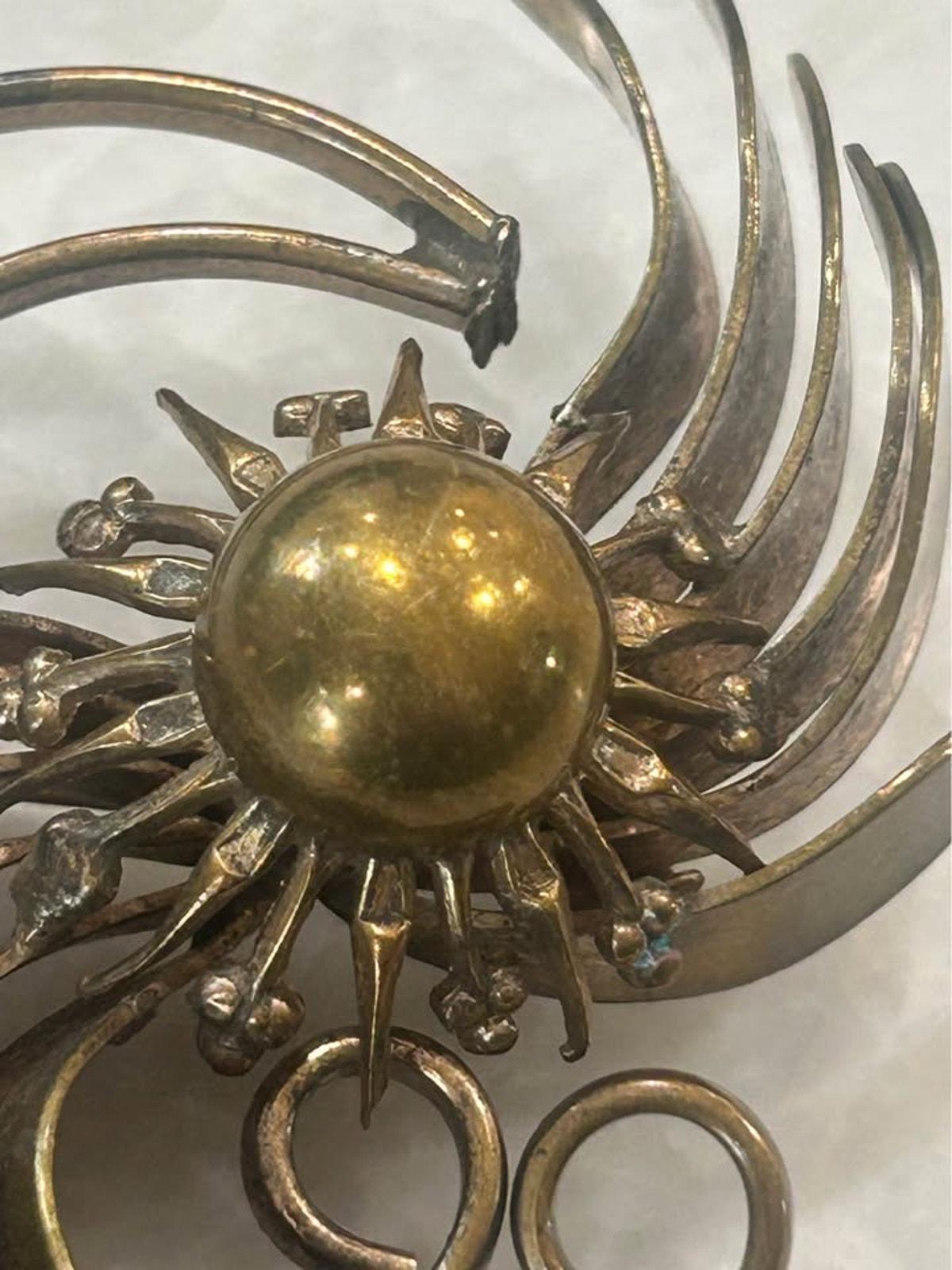 Vintage Mid-Century Modern Studio Brutalist Solid Brass Sunburst Brooch