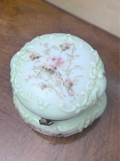 Antique C.F. Monroe Wave Crest Opal Glass Floral Dresser Box