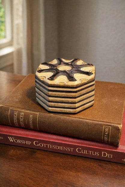 Artisan Carved Layered Wood Hexagonal Trinket Box with Magnetic Lid