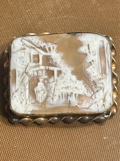 Victorian Grand Tour Hand Carved Shell Cameo Brooch, Large Sardonyx Landscape Village Scene