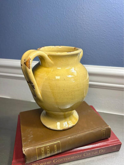 Leona Italy 1960s Handworked Yellow Pottery Pitcher - Rustic Relief Crest