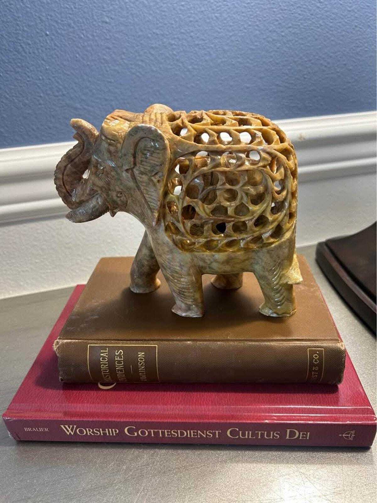 Vintage Hand-Carved Jali Soapstone Elephant Sculpture with Inner Baby Elephant