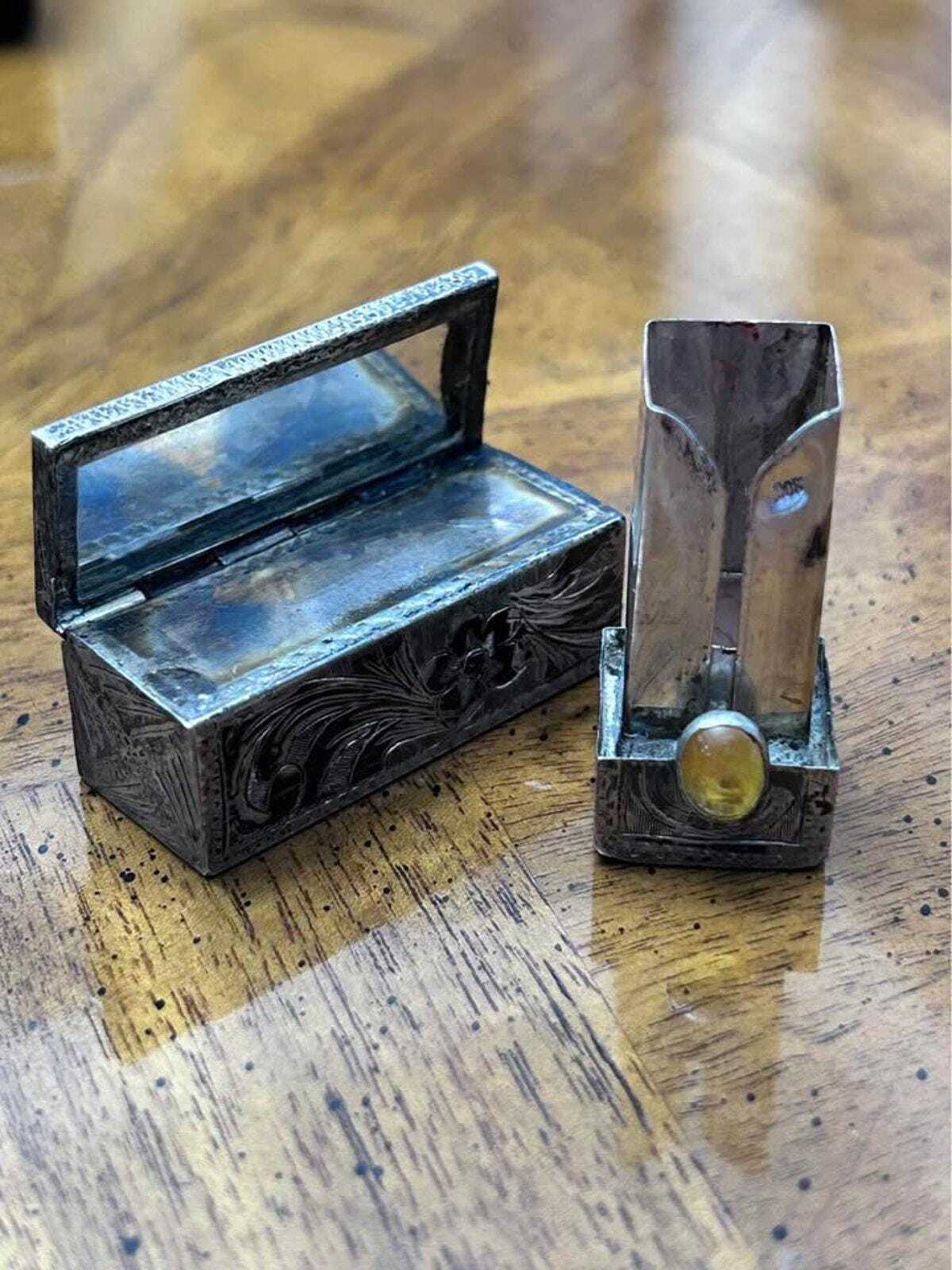 Antique 800 Silver Engraved Sliding Lipstick Case with Hidden Mirror
