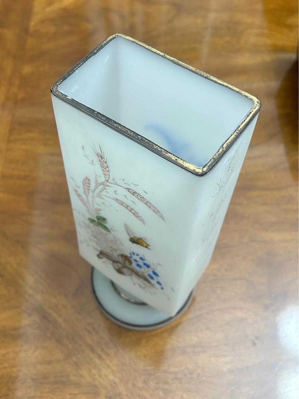 Antique Bohemian Frosted Art Glass Vase Enamel Floral and Bee Motif
