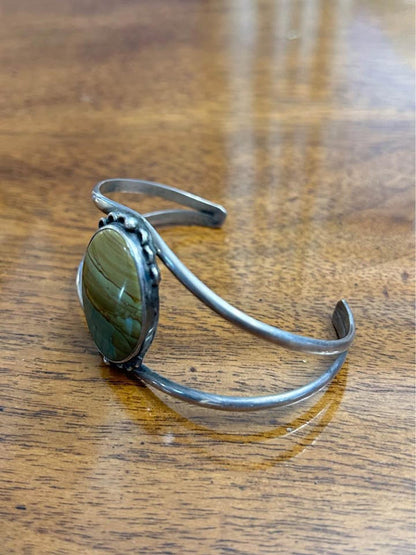 Vintage Southwestern Sterling Silver Picture Jasper Split Shank Cuff Bracelet