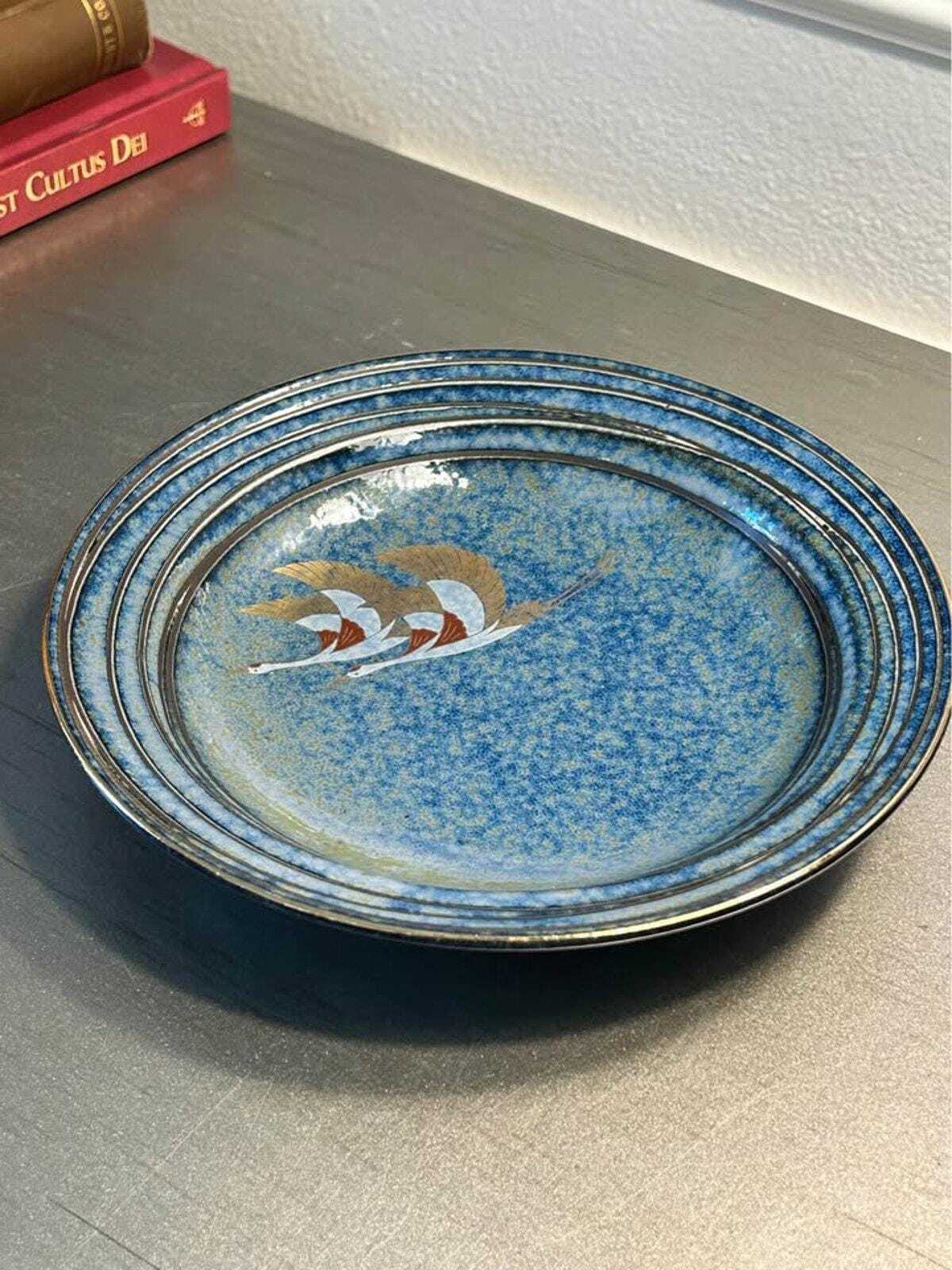Vintage Japanese Blue Crane Plate – Gilded Flying Cranes, Gold Rim (8 Inch)