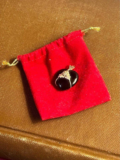 Vintage 14k Black Hills Gold & Onyx Heart Pendant - Grape Leaf Motif