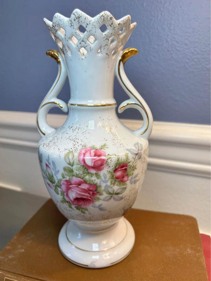 Vintage Norcrest Dresden Rose Vase - Pierced Rim & Gold Accents