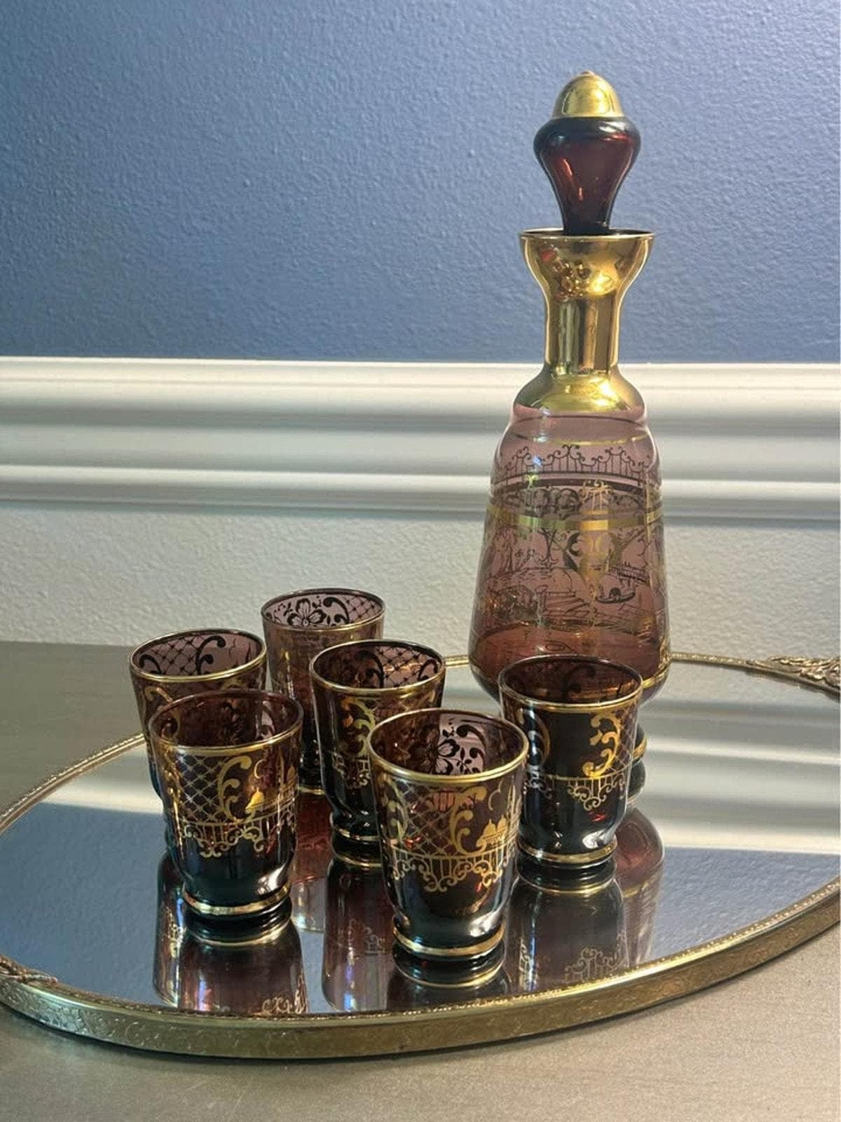 Mid-Century Venetian Amethyst Glass Decanter Set with 6 Cordial Glasses