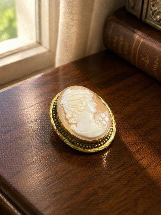 12K Gold Filled Hand-Carved Shell Cameo Brooch, Mid-Century Flora Profile