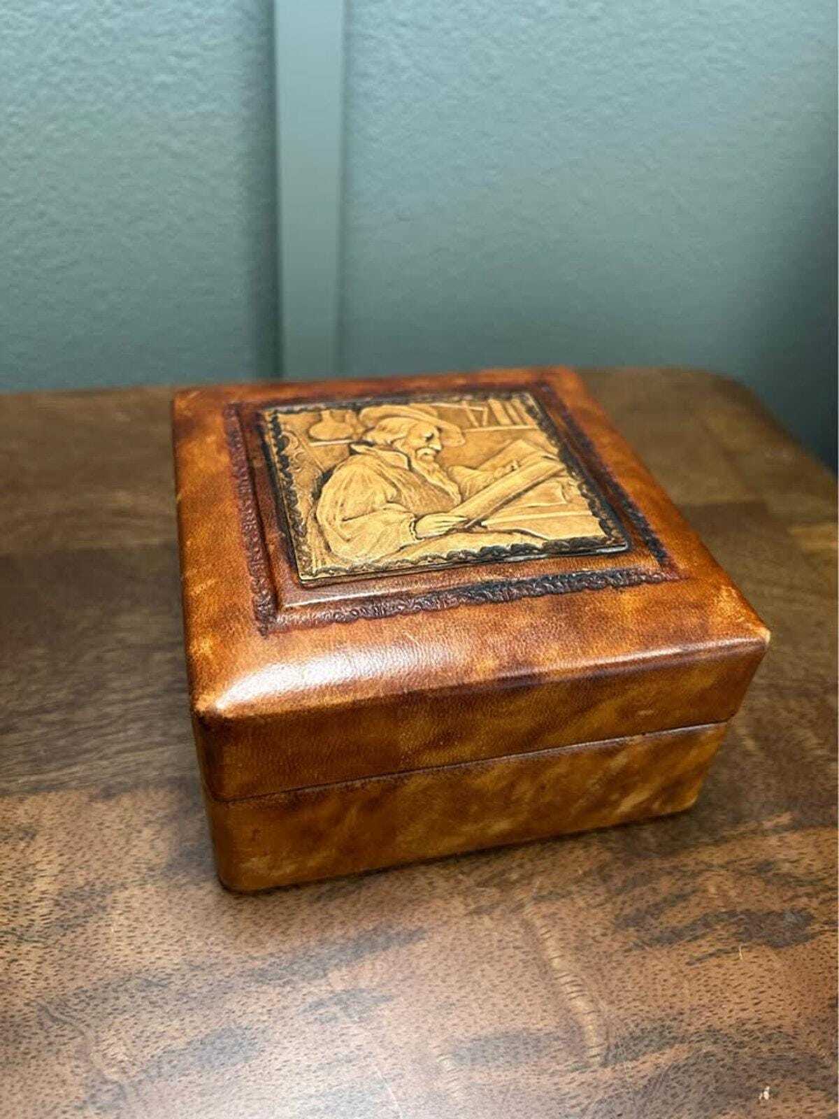 Vintage Italian Tooled Leather Trinket Box with Alchemist Bas-Relief