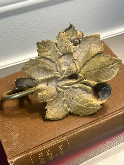 Antique Cast Brass Pomegranate Inkwell & Taper Candle Holder on Detailed Leaf Base