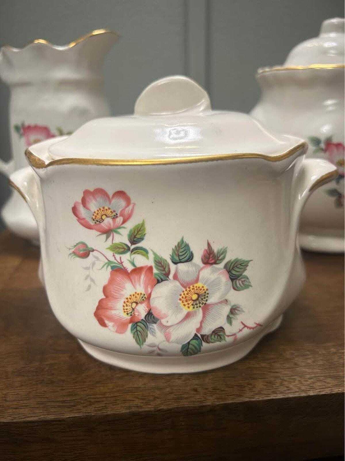 Vintage House of Webster Tea Set | Wild Rose Motif, Gold Gilt, Hand-Painted Pottery