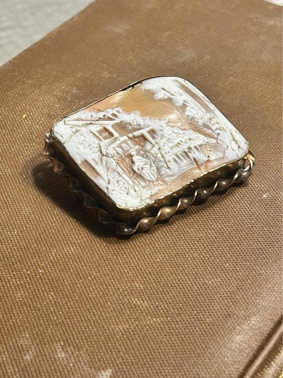 Victorian Grand Tour Hand Carved Shell Cameo Brooch, Large Sardonyx Landscape Village Scene