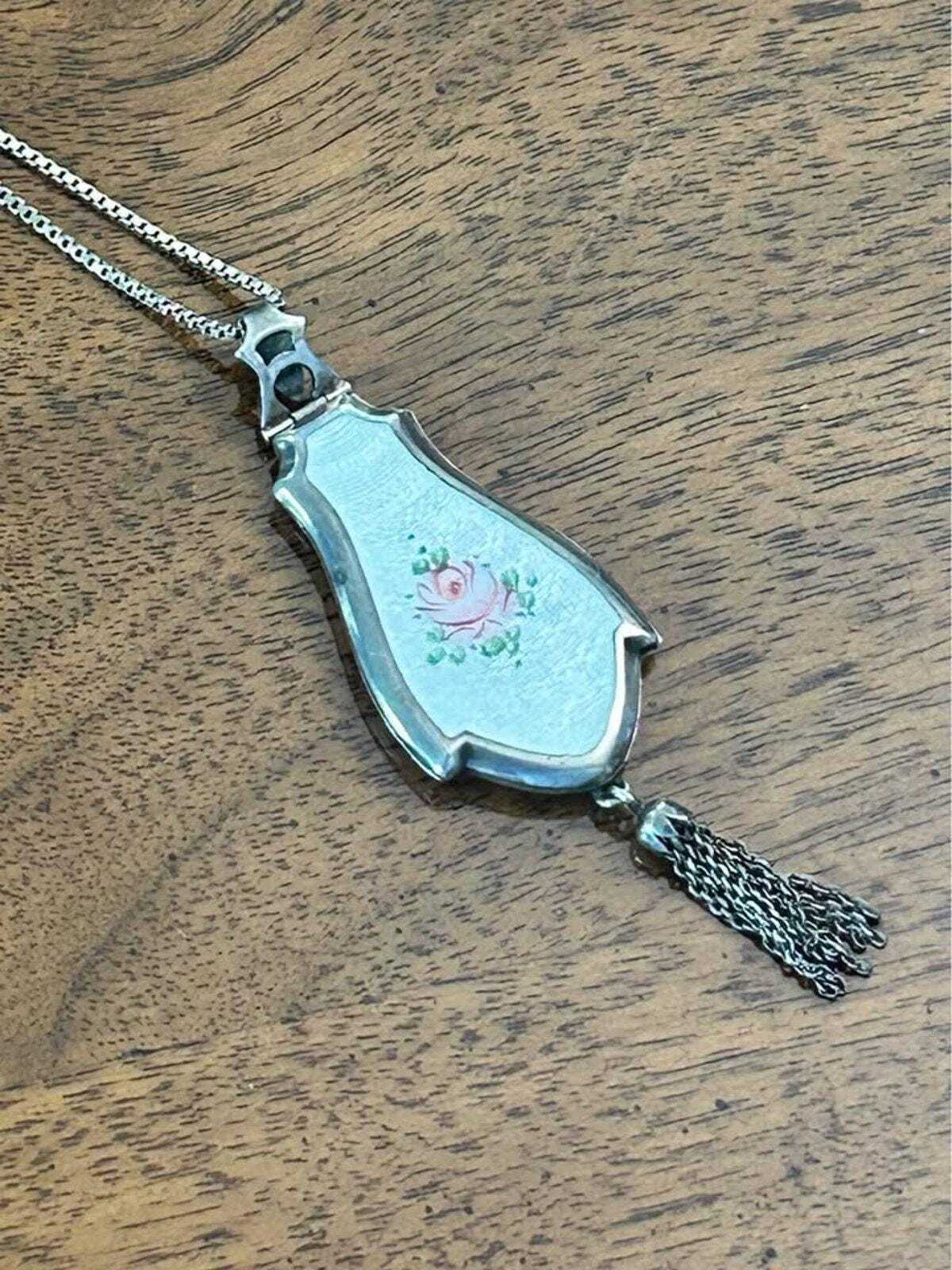 Antique Art Deco Bagley Mfg. Co. Sterling Silver Guilloché Enamel Rose Locket