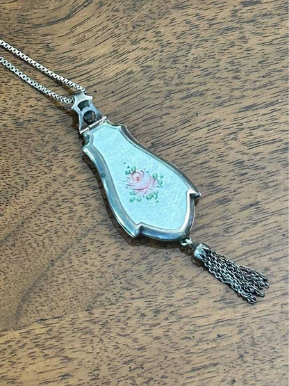 Antique Art Deco Bagley Mfg. Co. Sterling Silver Guilloché Enamel Rose Locket