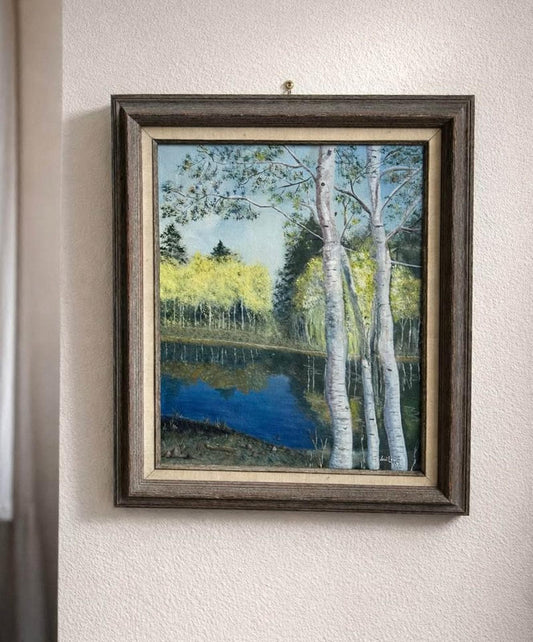 Joni Lewis Original Oil Painting - Birch Trees and Lake Landscape, 1975 - Framed 27x21.5