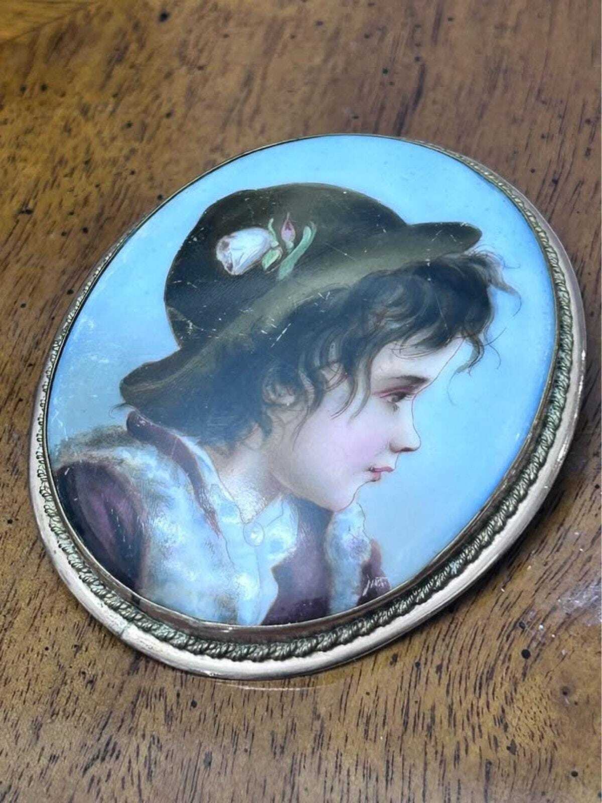 Antique Victorian Hand-Painted Porcelain Girl Portrait Brooch