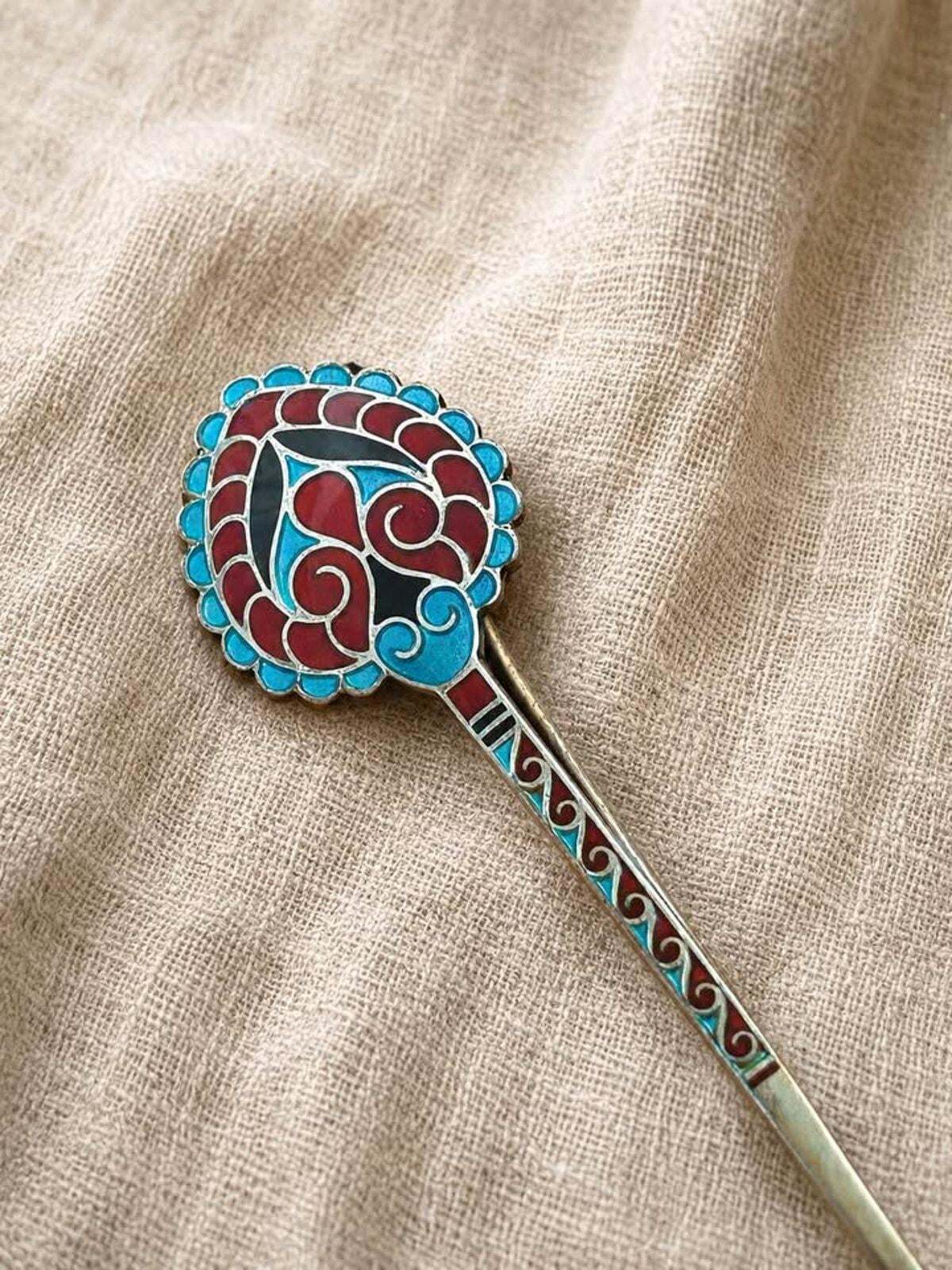 Antique J. Tostrup Sterling Silver Enamel Shawl Pin, Viking Revival Stick Brooch