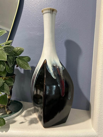 Extra Tall Mid-Century Drip Glaze Vessel – Obsidian Cream Studio Art Pottery 1970s Home Decor