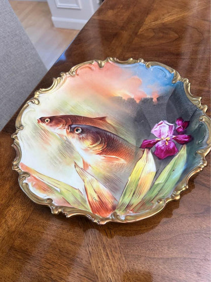 Antique Limoges France Hand Painted Fish Charger Plate Signed Marcel