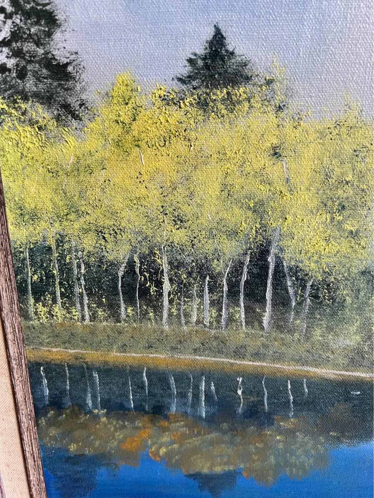 Joni Lewis Original Oil Painting - Birch Trees and Lake Landscape, 1975 - Framed 27x21.5