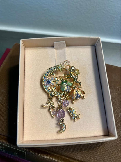 Kirks Folly Fairy Fire Flies Brooch, Vintage Crescent Moon and Cherub Pin, Original Box