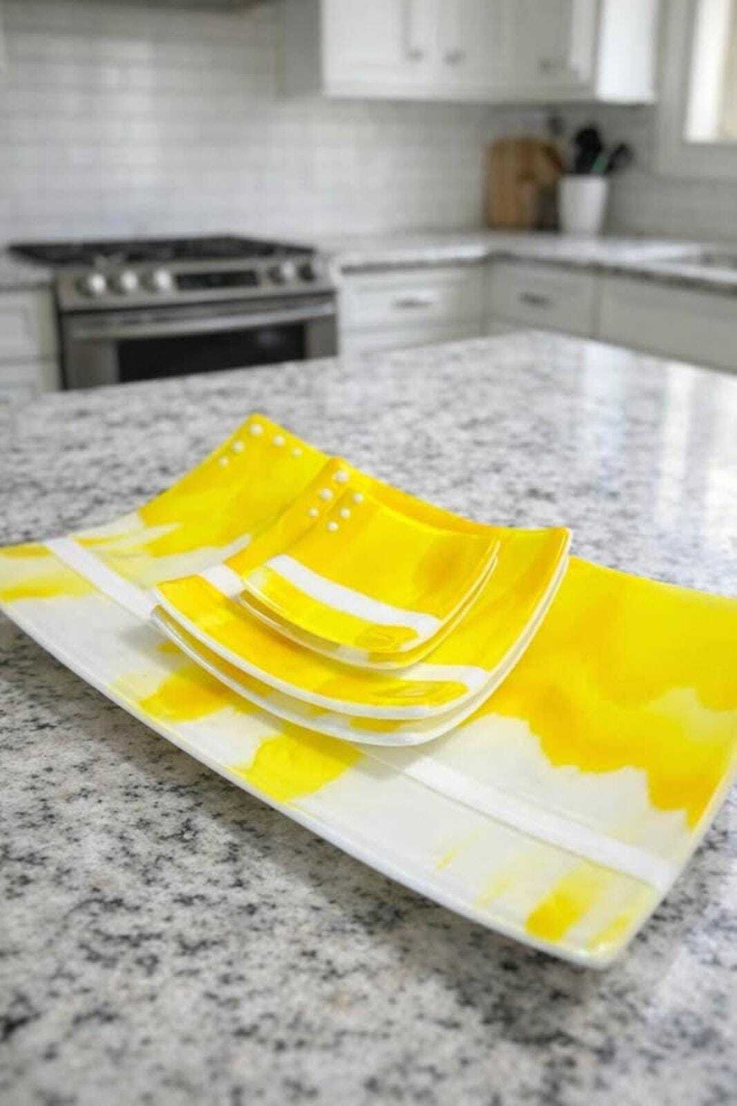 Red Stone Glass Yellow & White Fused Glass Platter and Appetizer Set (5 Pieces)