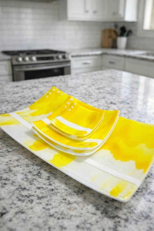 Red Stone Glass Yellow & White Fused Glass Platter and Appetizer Set (5 Pieces)