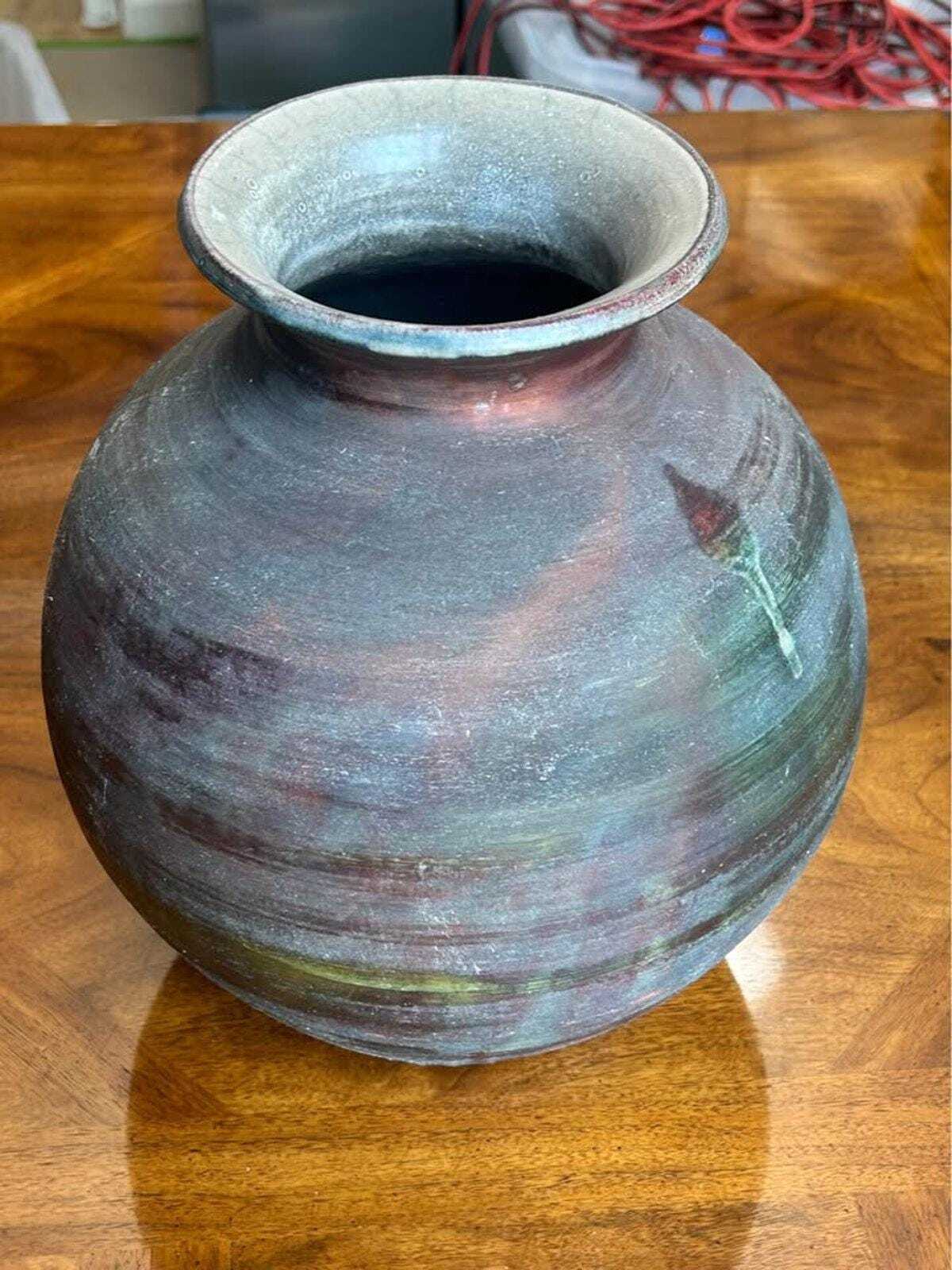 Vintage Large Signed Pam Carson Raku Pottery Metallic Glaze Vessel