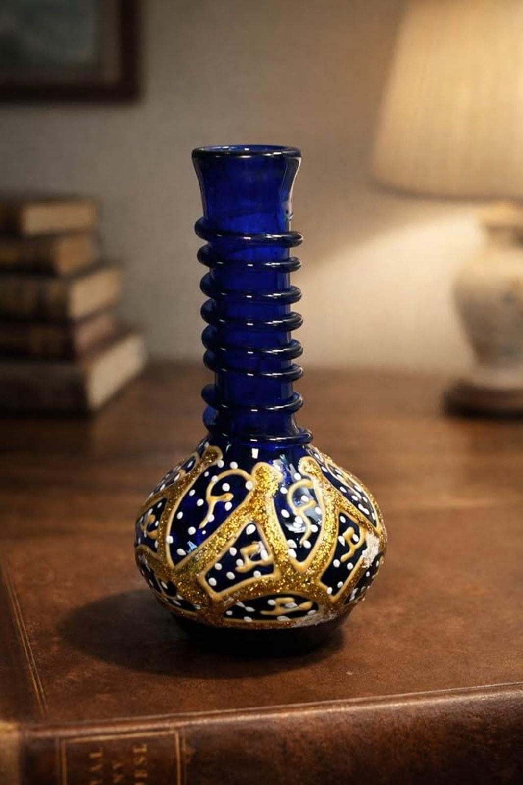 Vintage 1970s Bohemian Style Cobalt Blue & Gold Glass Miniature Vase