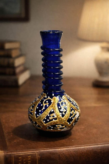 Vintage 1970s Bohemian Style Cobalt Blue & Gold Glass Miniature Vase