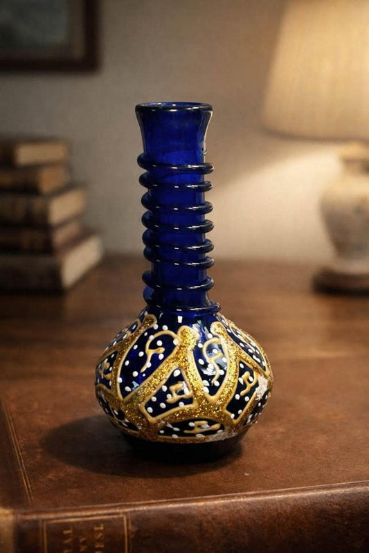 Vintage 1970s Bohemian Style Cobalt Blue & Gold Glass Miniature Vase
