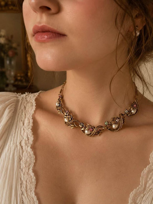 Unsigned Coro Book Piece Vine Choker Faux Pearl Pastel Rhinestone 1950s
