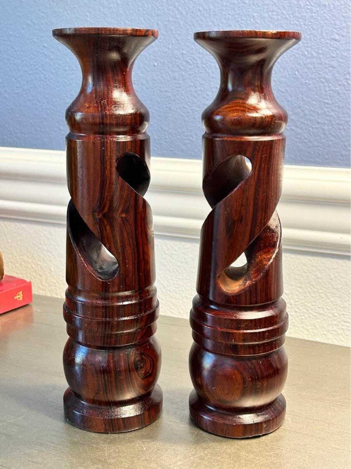 Vintage Hand-Turned Barley Twist Solid Wood Candlesticks