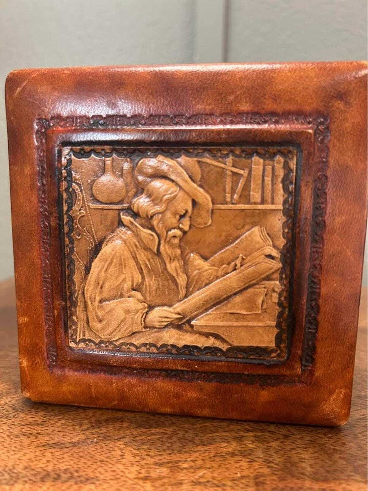 Vintage Italian Tooled Leather Trinket Box with Alchemist Bas-Relief