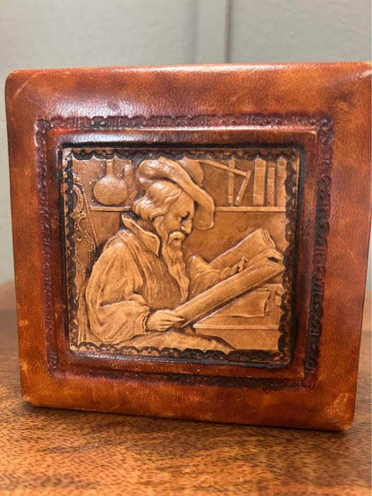 Vintage Italian Tooled Leather Trinket Box with Alchemist Bas-Relief