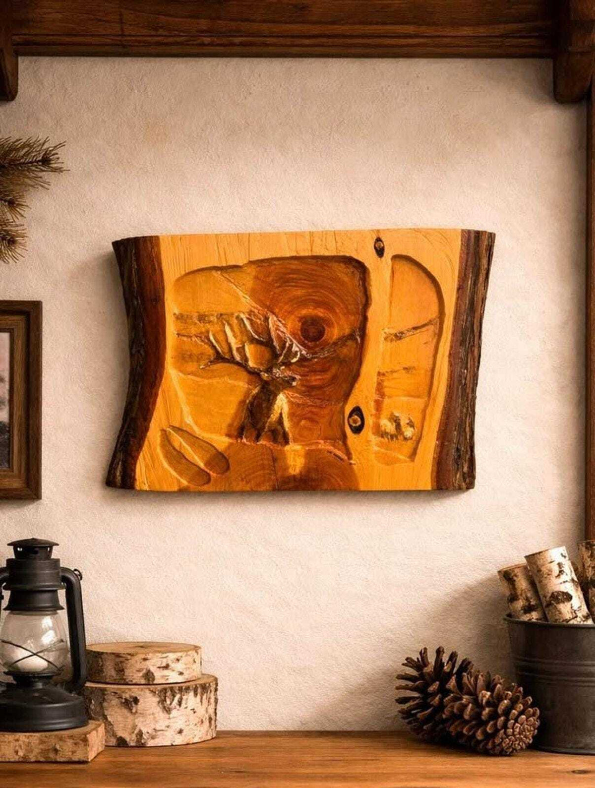 Sue Cockrell Signed Relief Carved Elk Wood Wall Art