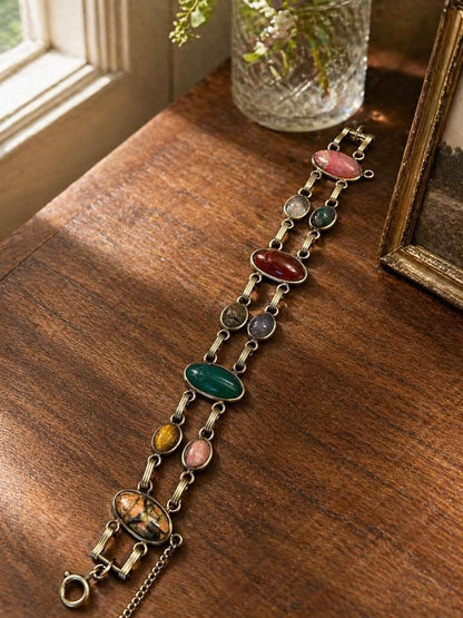 Vintage 12k Gold Filled Double Link Scarab Bracelet - Multi-Gemstone Egyptian with Safety Chain