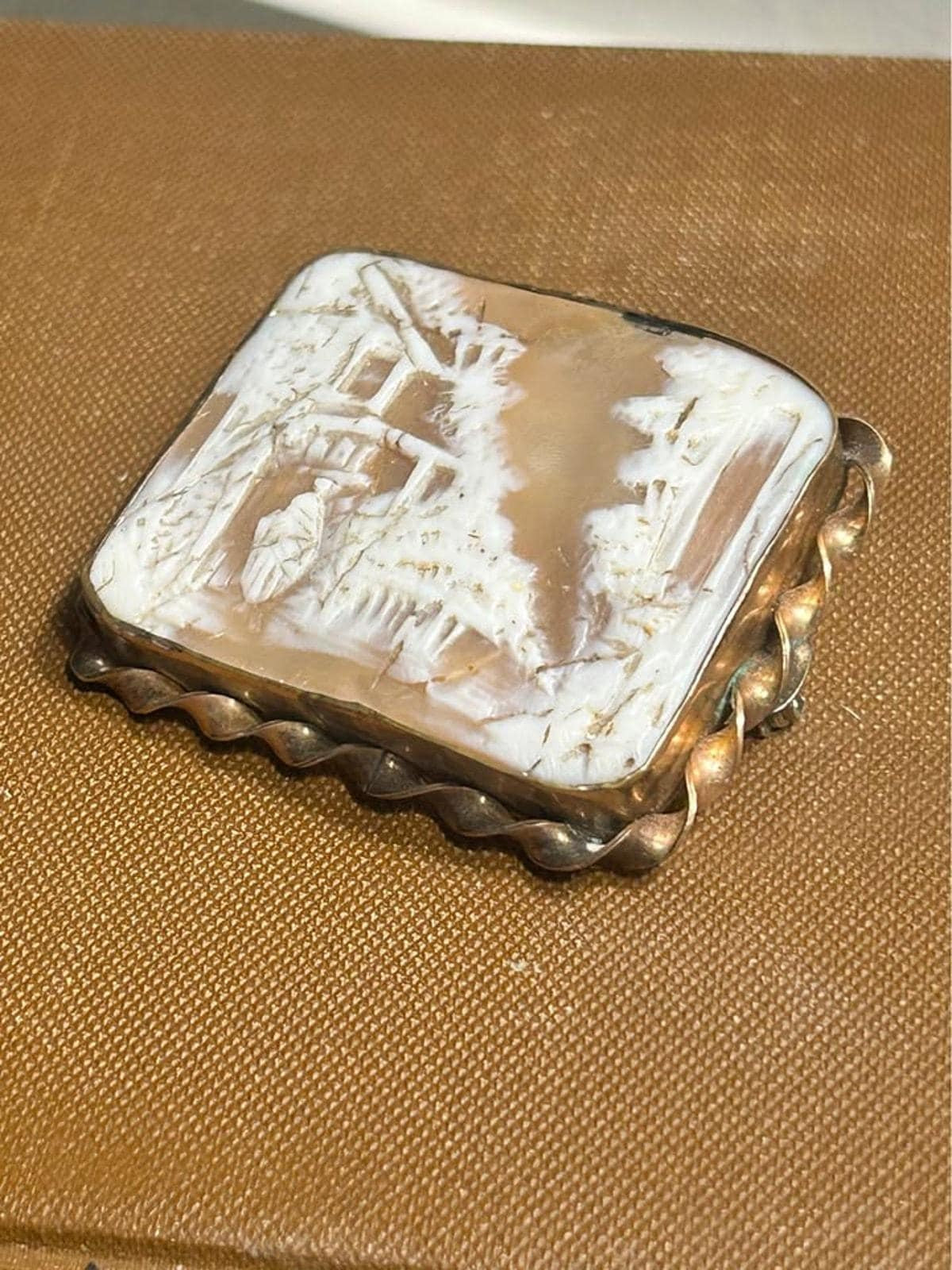 Victorian Grand Tour Hand Carved Shell Cameo Brooch, Large Sardonyx Landscape Village Scene
