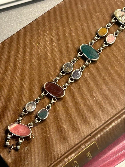 Vintage 12k Gold Filled Double Link Scarab Bracelet - Multi-Gemstone Egyptian with Safety Chain