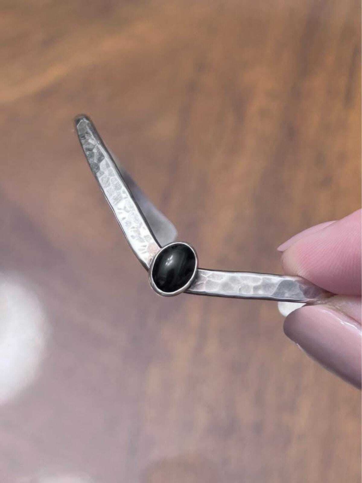 Vintage Artisan Hammered Sterling Silver Chevron Cuff with Black Onyx