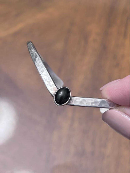 Vintage Artisan Hammered Sterling Silver Chevron Cuff with Black Onyx