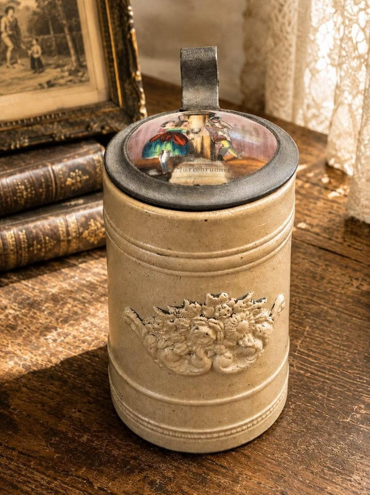 Antique German Stoneware Stein with Pewter Lid, Painted Marcobrunner Rheingau Vineyard Scene Insert