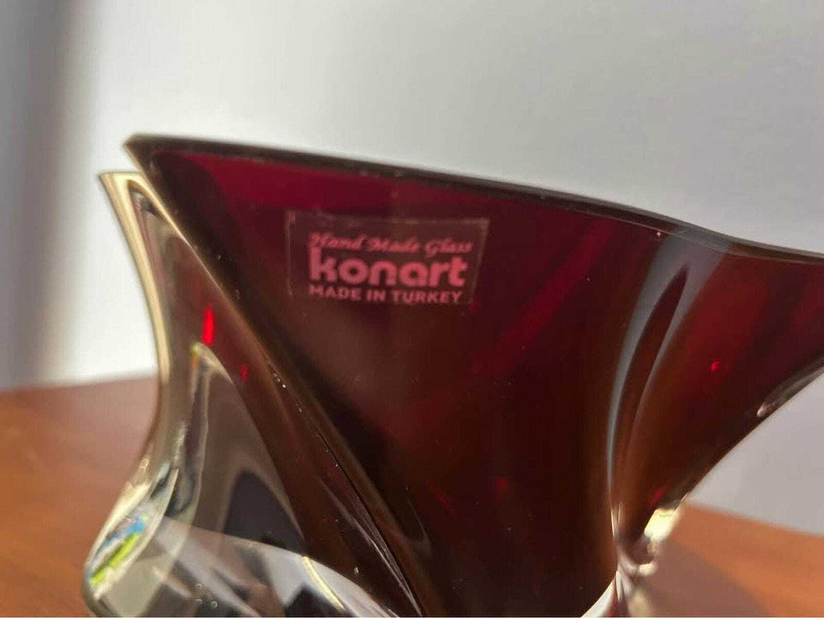 Vintage Konart Ruby Red Handblown Glass Centerpiece Bowl – Mid-Century Modern Swirl Art Glass