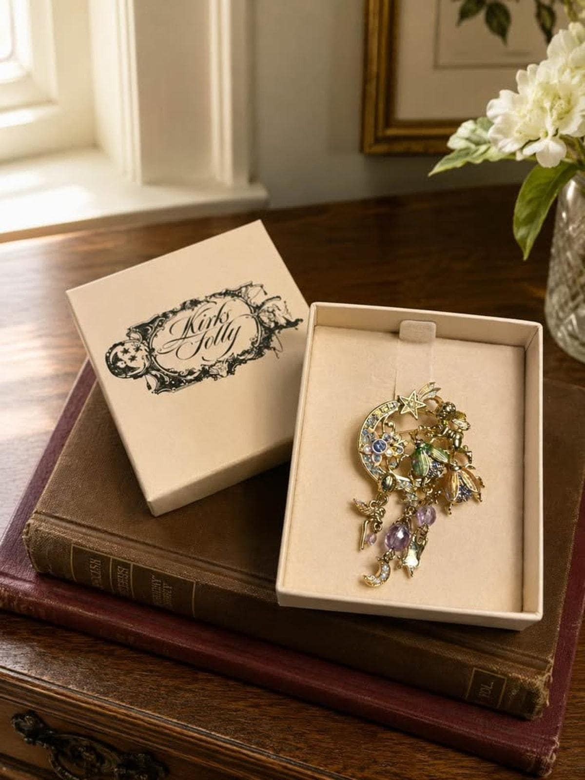 Kirks Folly Fairy Fire Flies Brooch, Vintage Crescent Moon and Cherub Pin, Original Box