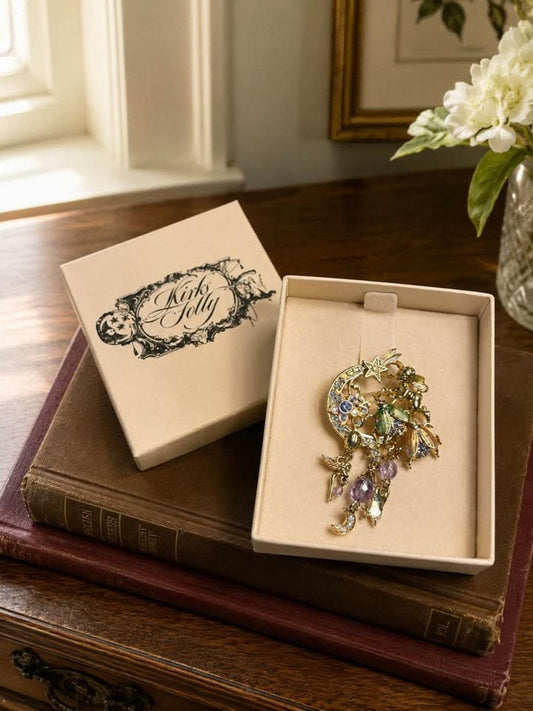 Kirks Folly Fairy Fire Flies Brooch, Vintage Crescent Moon and Cherub Pin, Original Box