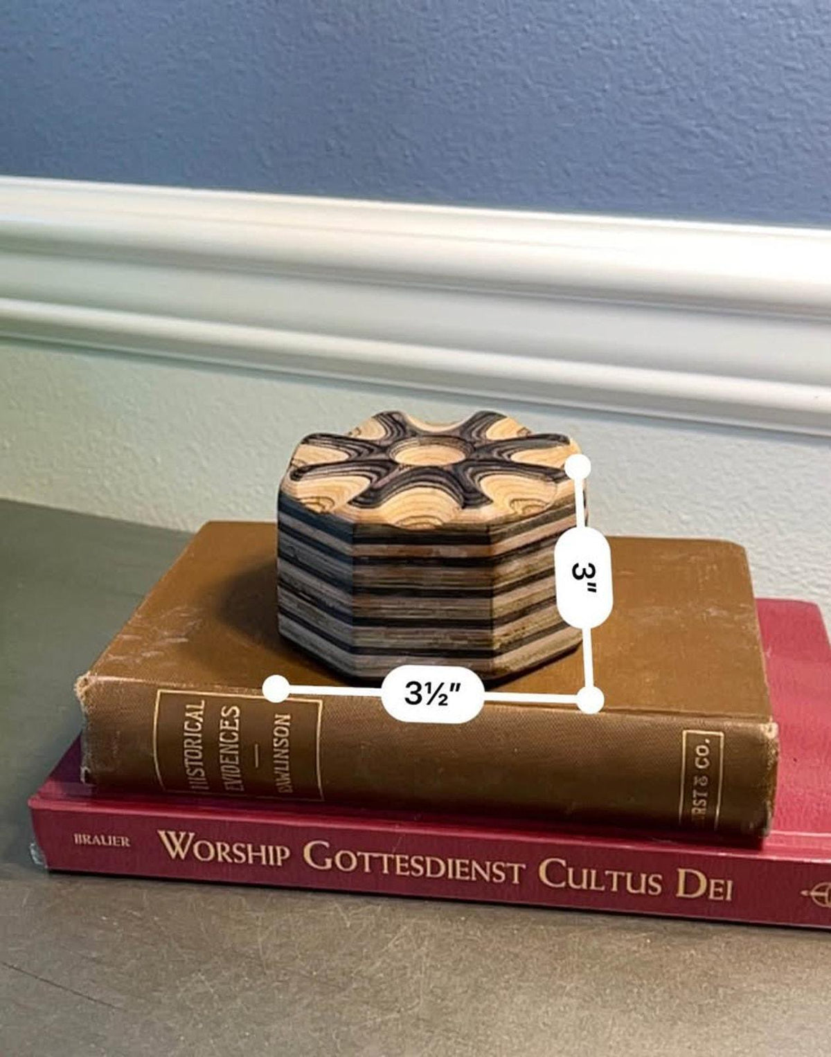 Artisan Carved Layered Wood Hexagonal Trinket Box with Magnetic Lid