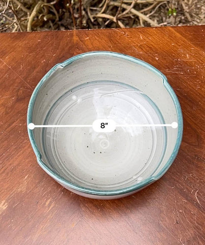 Vintage Signed Studio Pottery Serving Bowl | Hand-Painted Hakeme Brushwork | 8-Inch Notched Stoneware