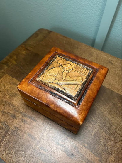 Vintage Italian Tooled Leather Trinket Box with Alchemist Bas-Relief